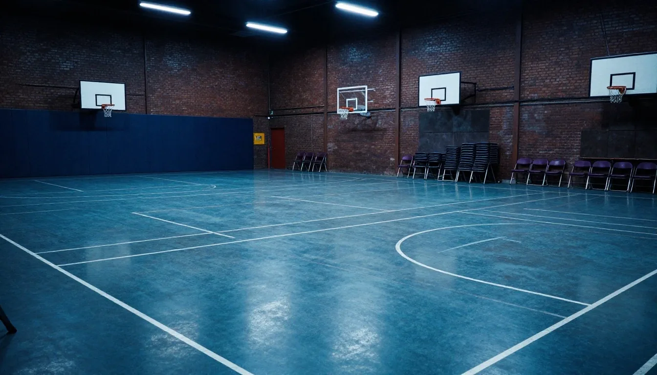 Leere britische Sporthalle mit Poliertbetonboden und fluoreszierender Deckenbeleuchtung