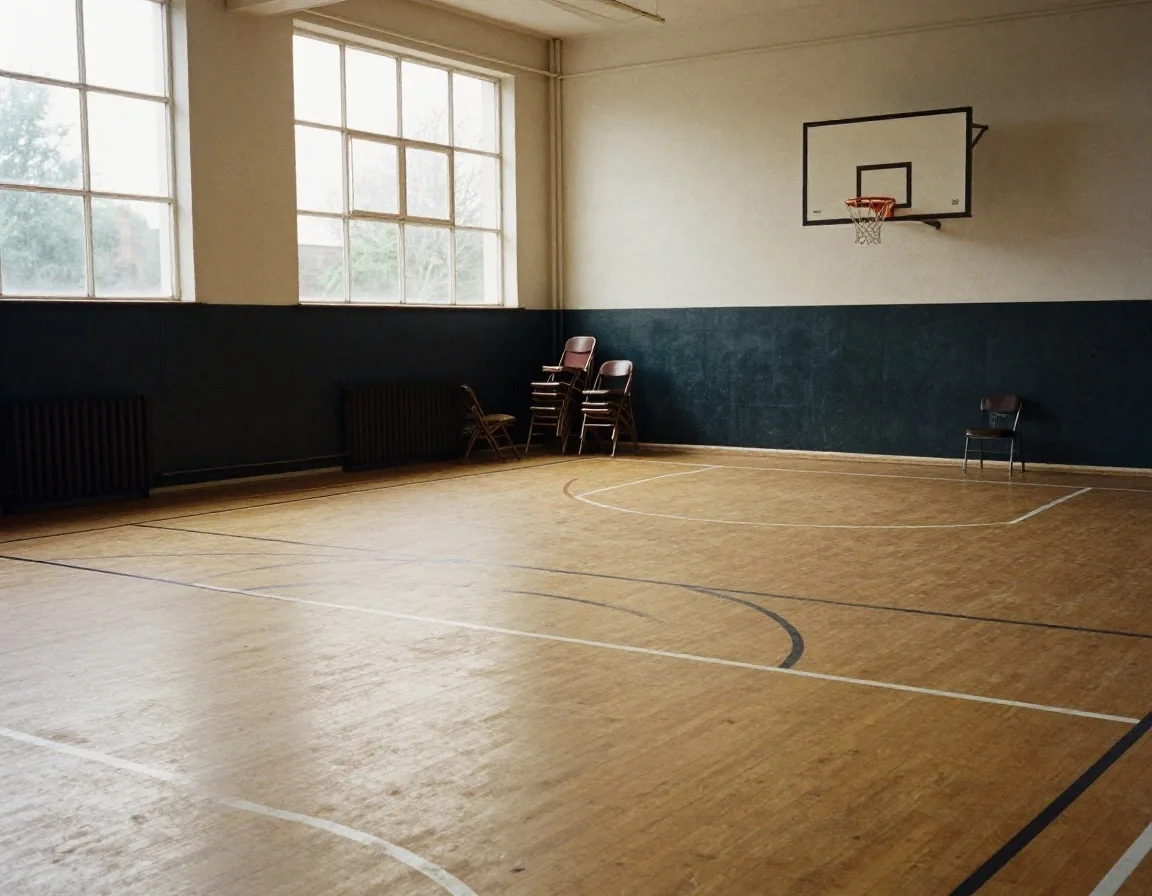 Frühe britische Sporthalle mit Basketballkorb