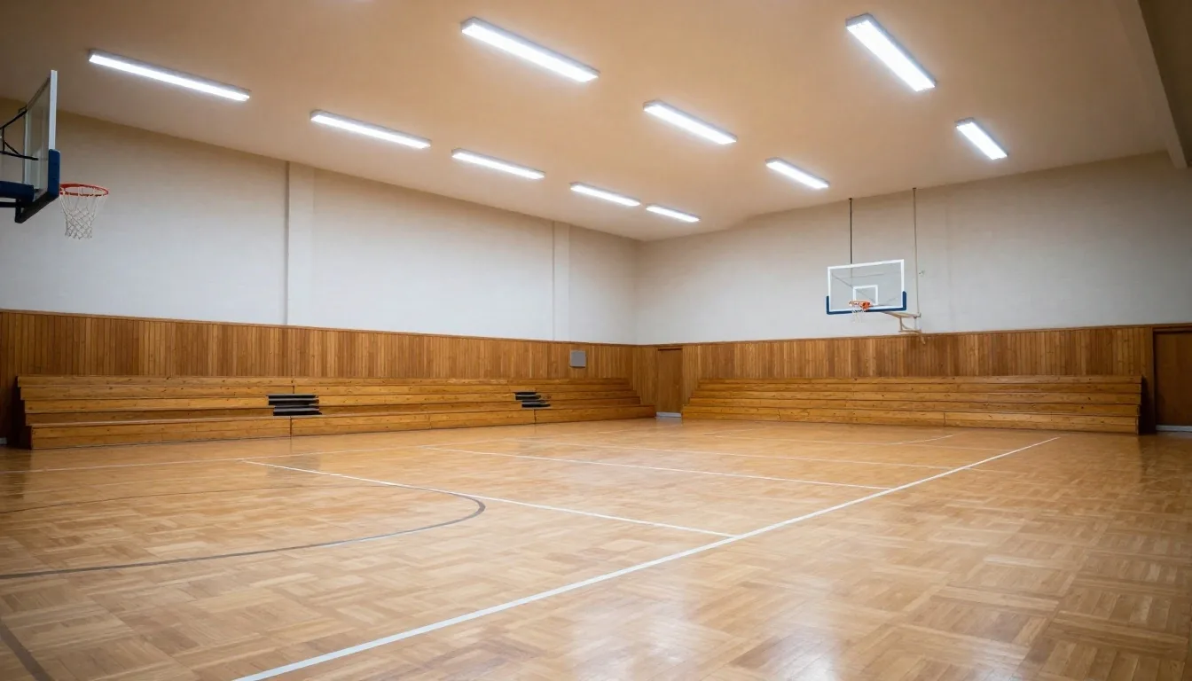 Leere Schulsporthalle mit poliertem Boden unter Deckenflutlicht
