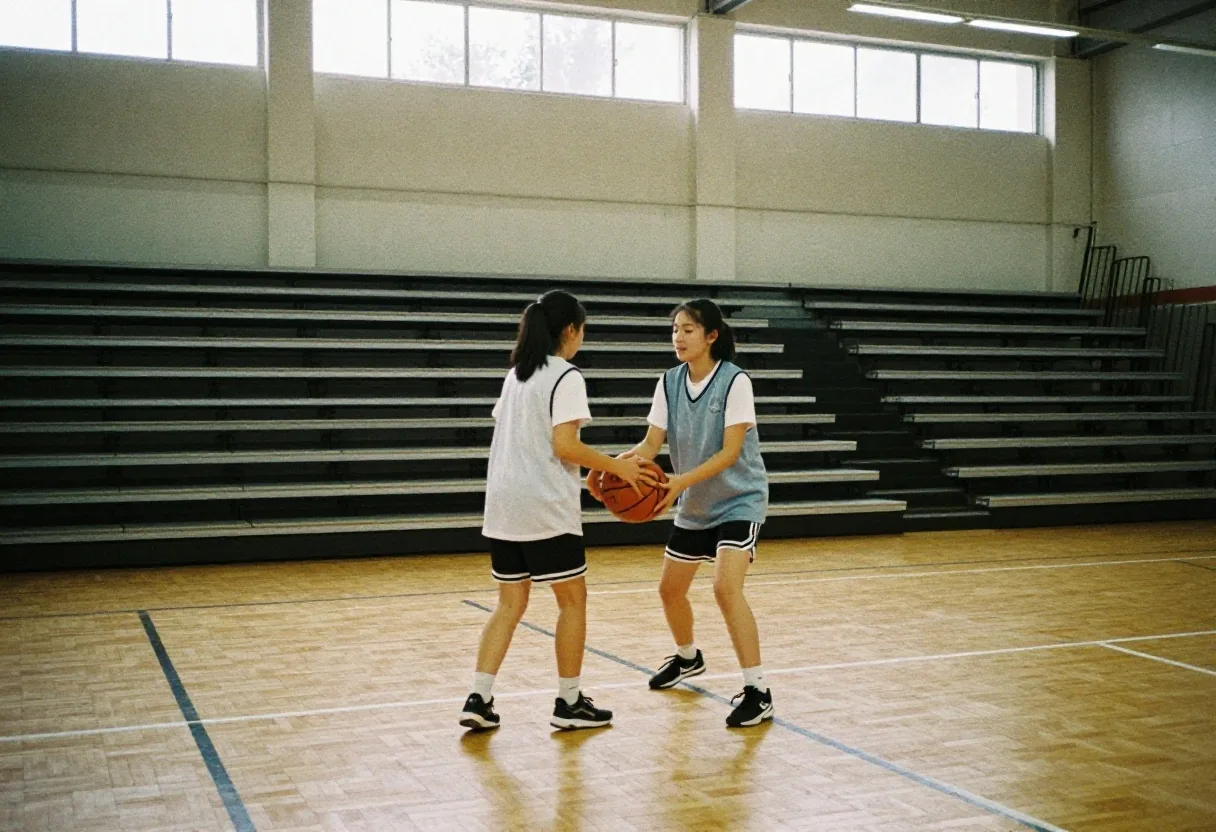 Mädchenbasketball-Training in einer britischen Schulsporthalle